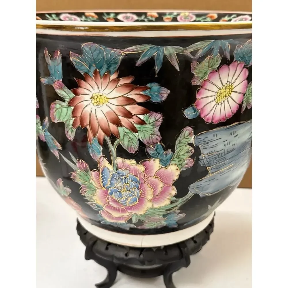 Vintage Chinese Enamel Famille Rose Koi Planter Cachepot Flowers Black Flowers